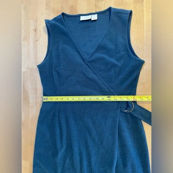 Cynthia Rowley Faux Wrap Sleeveless V-Neck Buckle Navy Blue Dress Size Large EUC - Picture 7 of 12